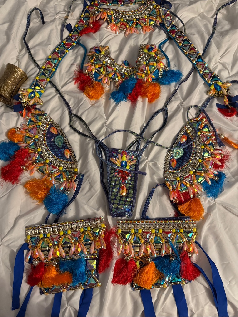 Blue Jewelled Orange Gem Embellished Crystal Carnival Costume Festival Tassels - Picture 8 of 9